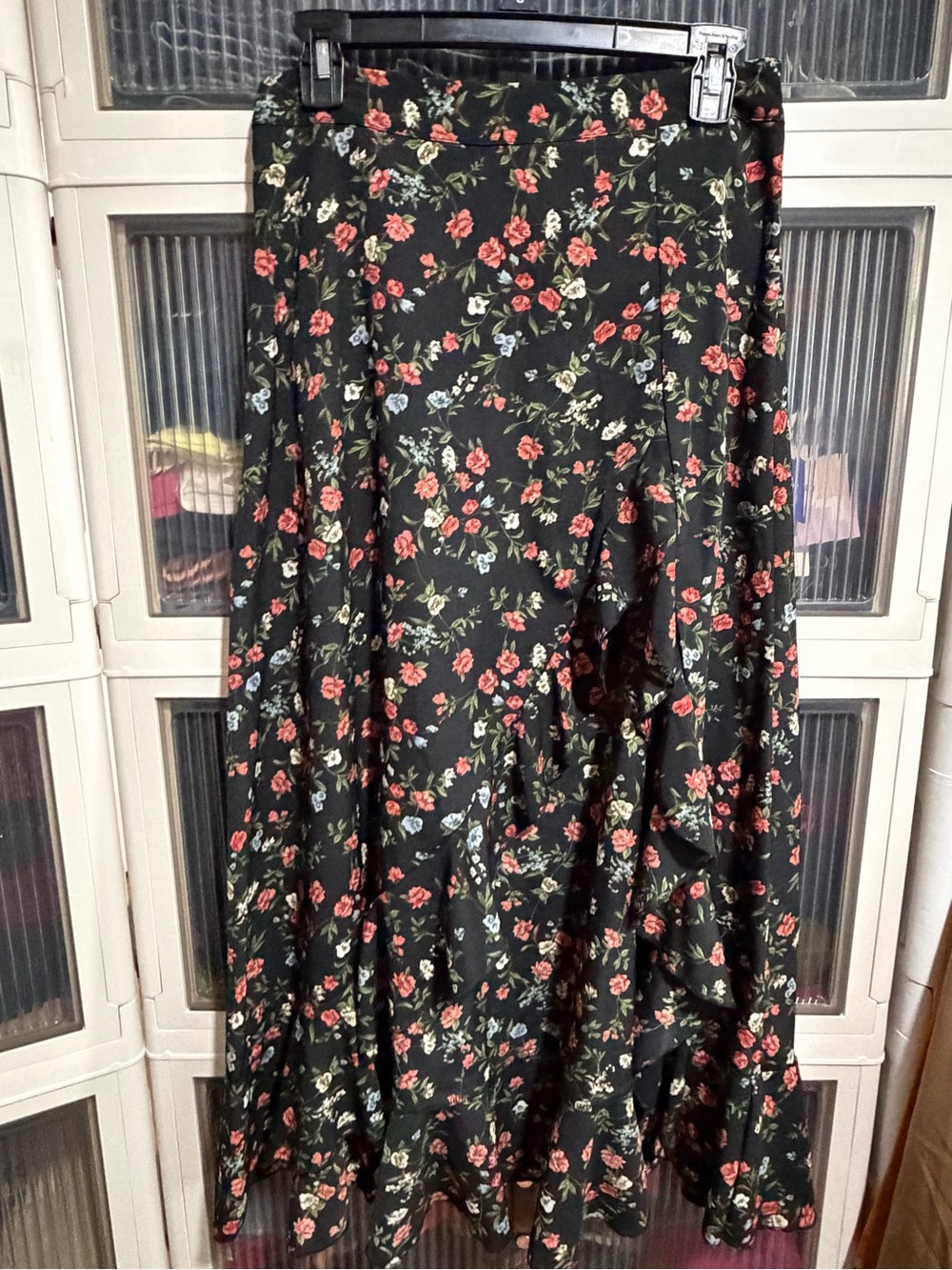 Floral Ruffle Maxi Skirt - Black with Red Rose Print